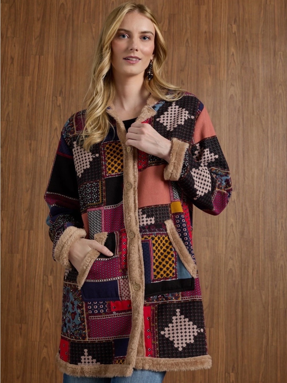 Coco + Carmen Adeline Patchwork Faux-Fur Trim Shacket